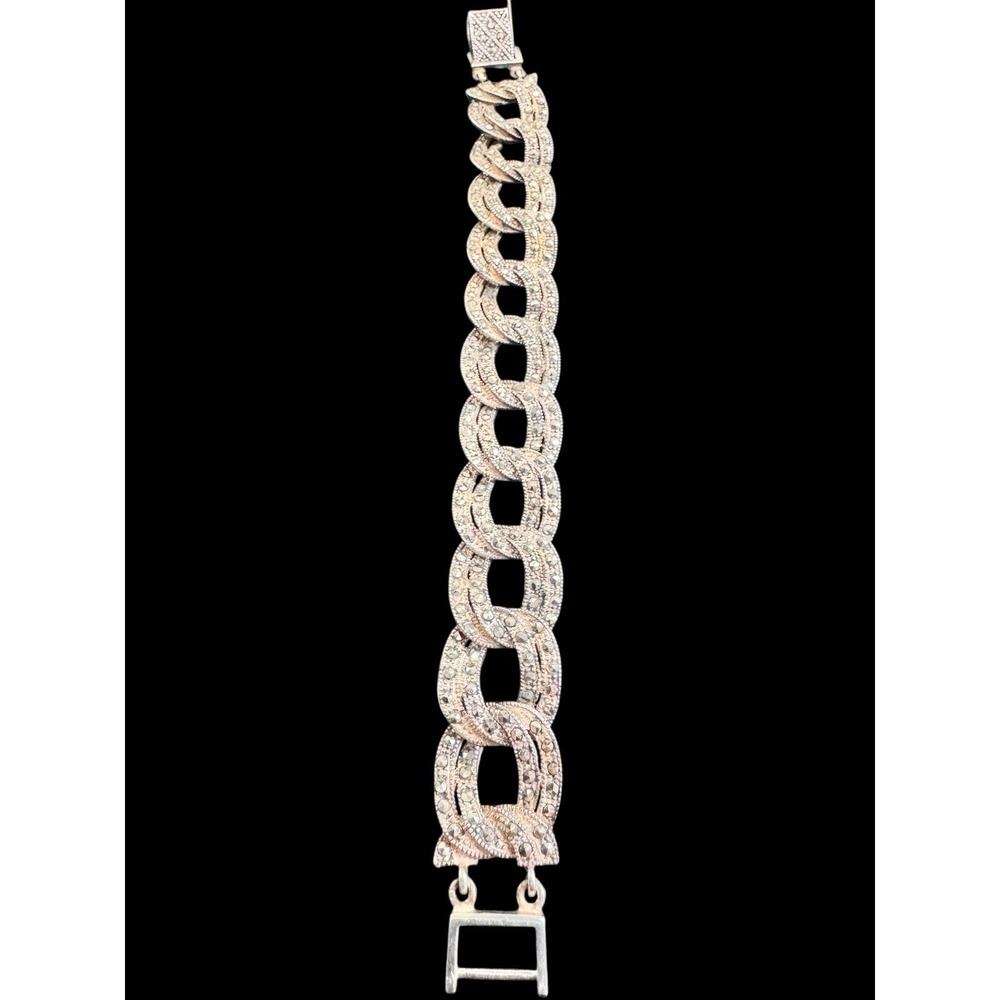 Vintage Sterling 925 Marcasite Link Bracelet Heavy Chain 7.5" Silver Estate
